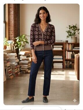 Tory Burch Burgundy, Navy & Cream Geometric Button Cardigan